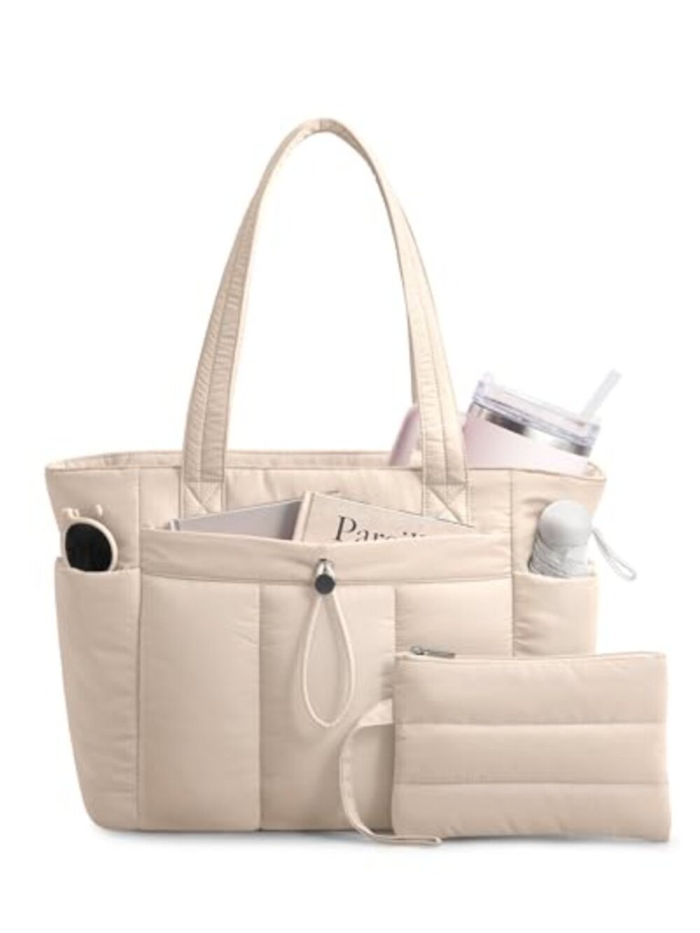 Puffy Tote Bag with Cup Holder Laptop Compartment & Cosmetic Bag